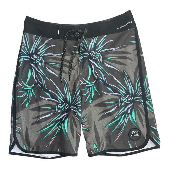 Quicksilver High Line stretch black gray floral leaf print boys size 28 14Y - Picture 1 of 4